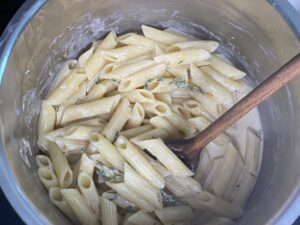 Topf mit Penne in Sahnesauce