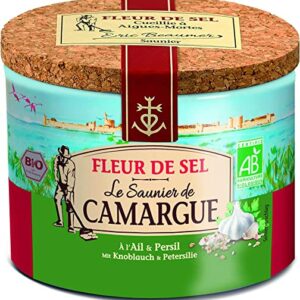 Le Saunier de Camargue Fleur De-Sel Knoblauch Petersilie, Premium Meersalz aus Süd-Frankreich, Ideal als Finishing von Speisen in 125g Dose